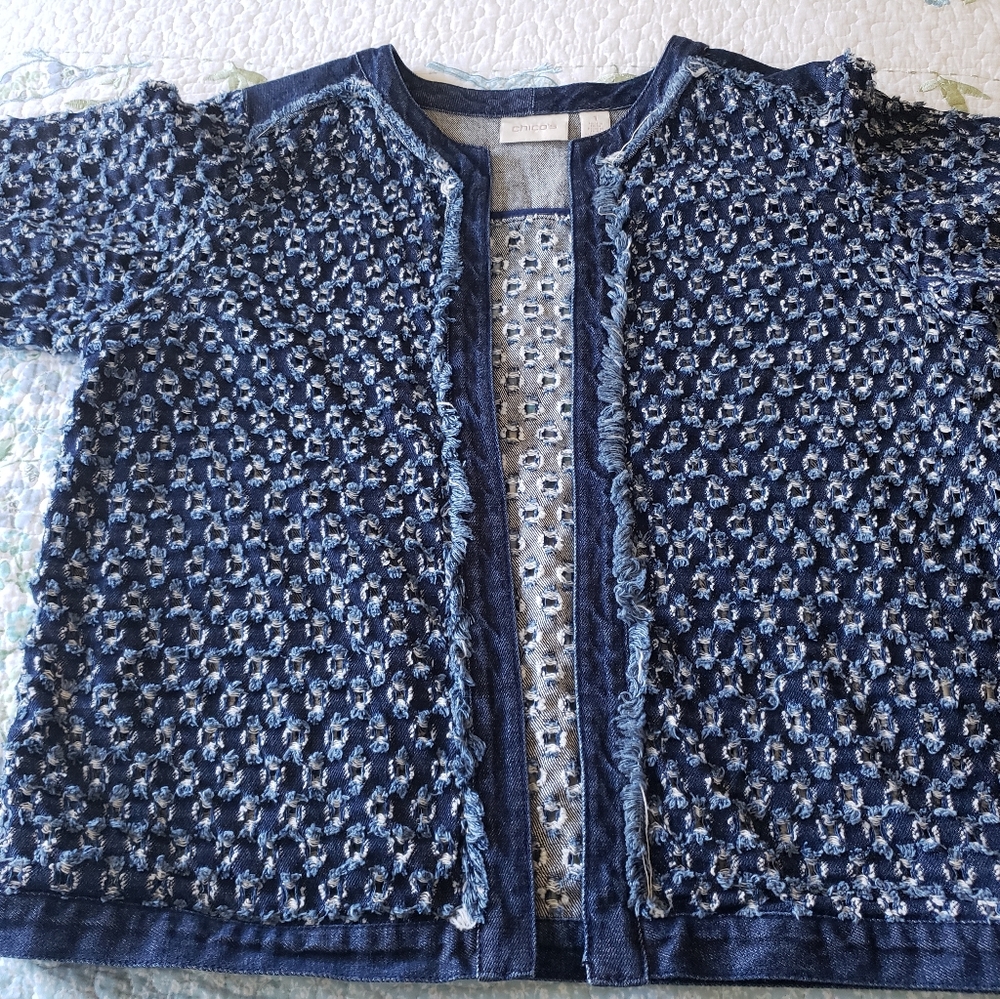 🫖2/$20 Chicos Denim Hole Open Front Jacket ECU
